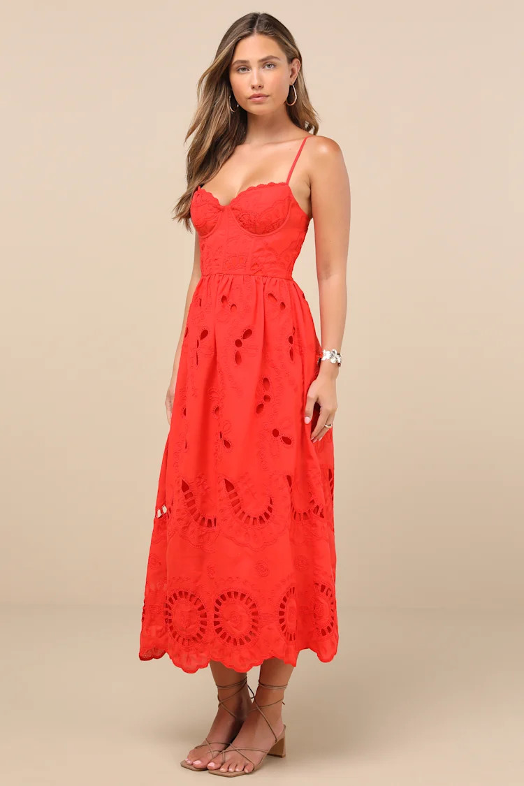 Jenora Bright Red Embroidered Bustier Midi Dress | Lulus