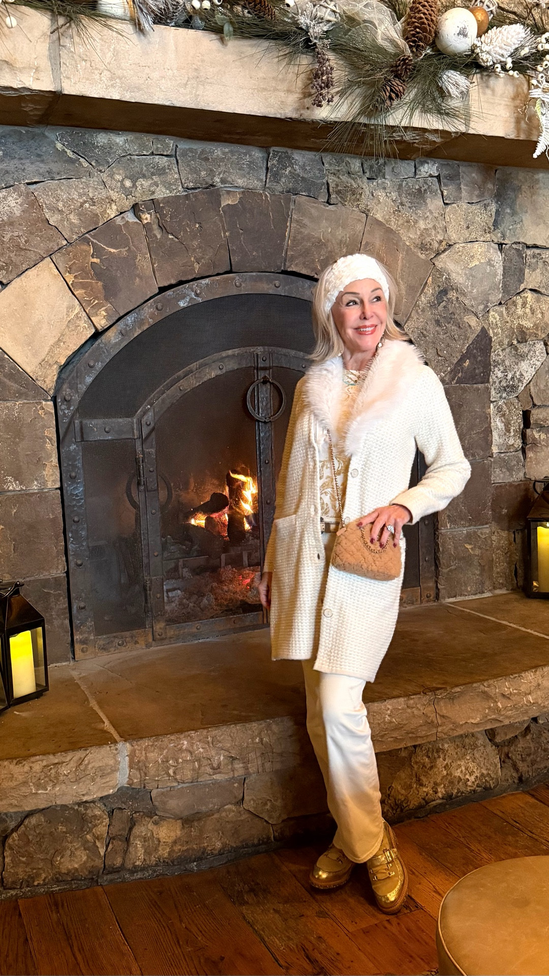 A removable fur collar and the ability to wear this topper as a cardigan or coat, means with this Fur Trim Cardigan, you have styling options. Featuring a button-down placket, textured fabrication, and pockets. 40% off 
Touch of cool foiled tee 
Faux fur headband. 
Chico’s my favorite Girlfriend jeans in English Cream.
Metallic gold combat boots by Office of Angela Scott. 


#LTKSaleAlert #LTKOver40 #LTKHoliday