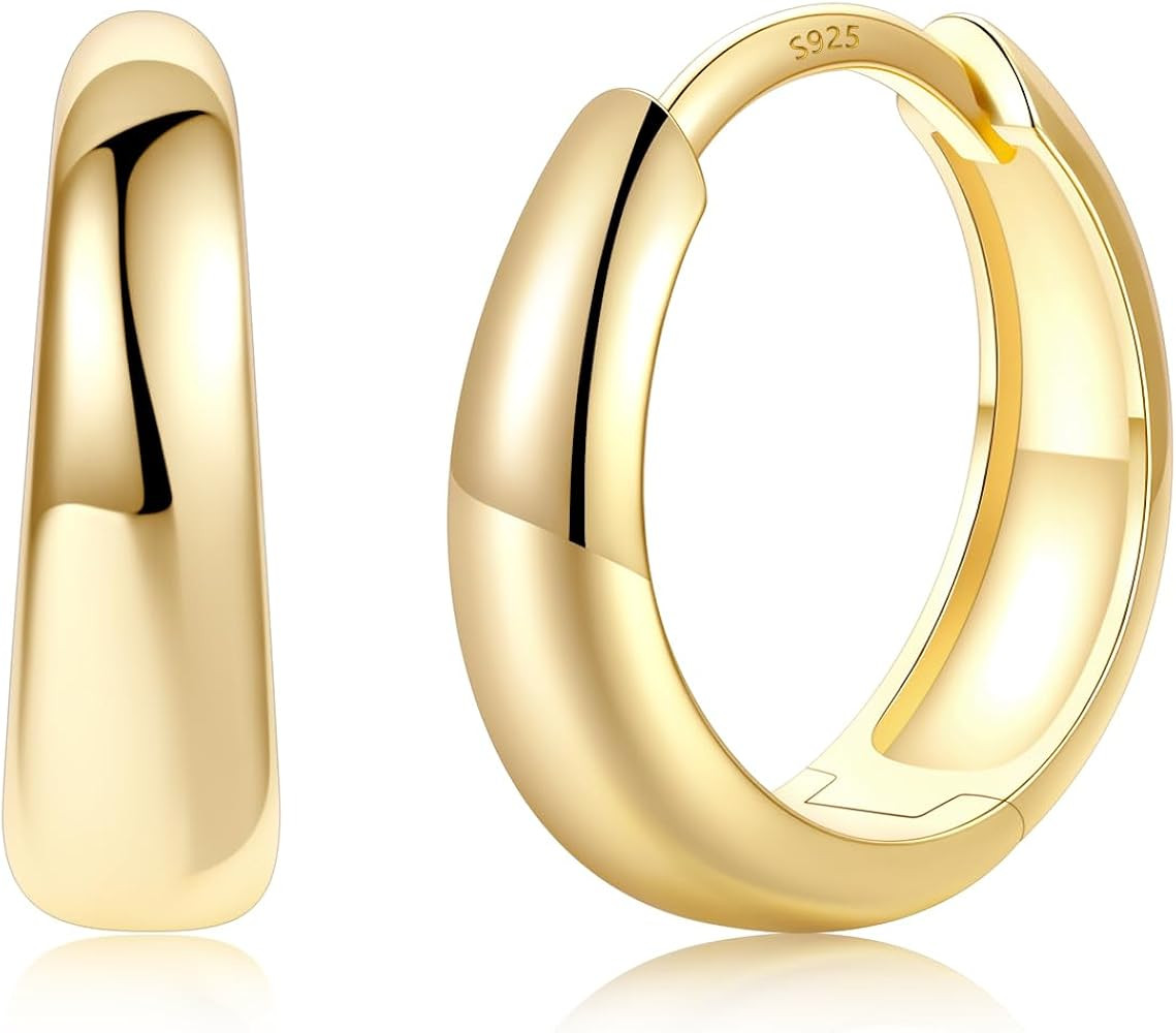 14K Gold Plated Chunky Hoop Earrings for Women, Small Thick Huggie Hoops with 925 Sterling Silver Post, Hypoallergenic Lightweight Hoop Earrings, 8/10/12/14mm | Amazon (US)