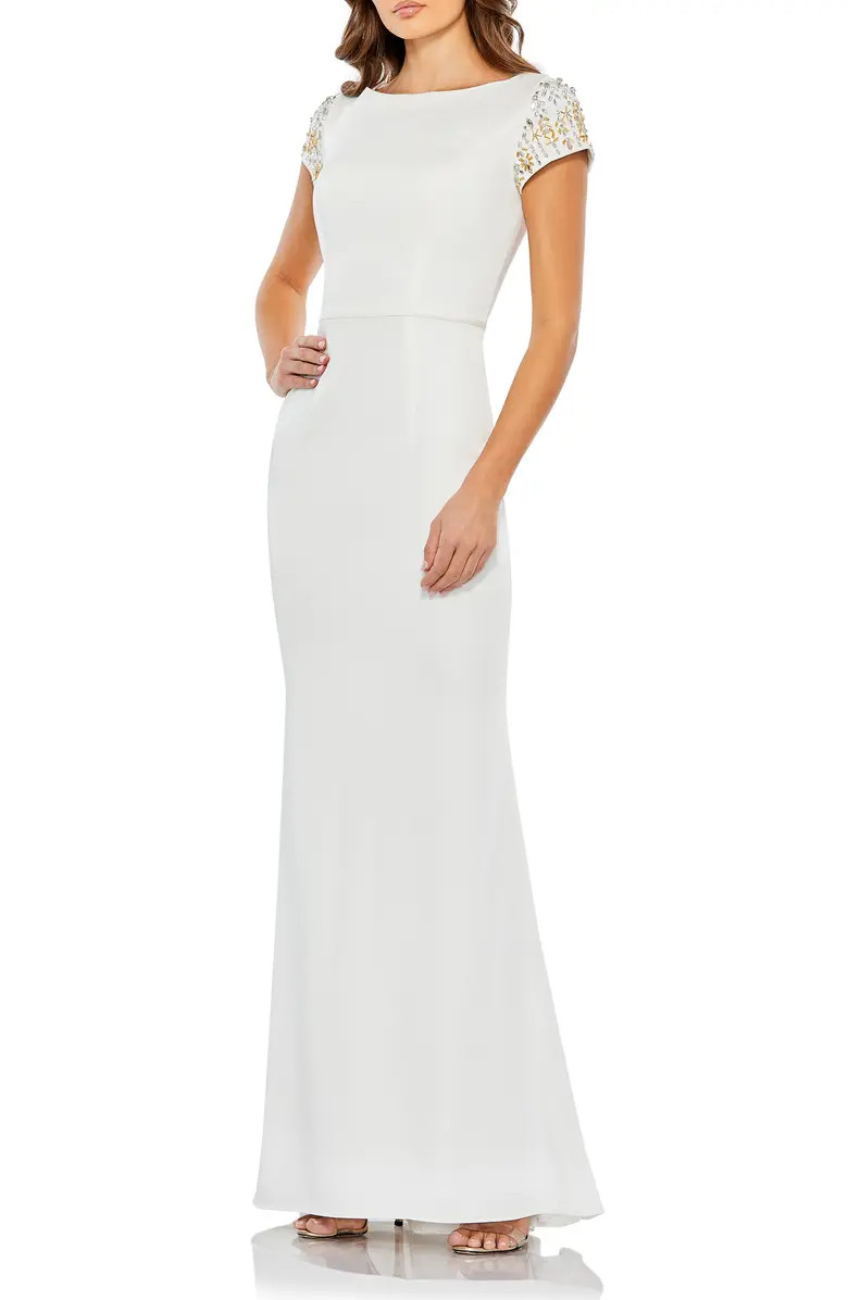 Beaded Cap Sleeve Satin Sheath Gown | Nordstrom