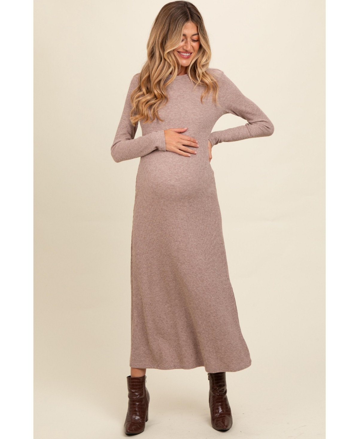 Pinkblush Maternity Mocha Ribbed Knit Side Slit Midi Dress - Mocha | Macy's