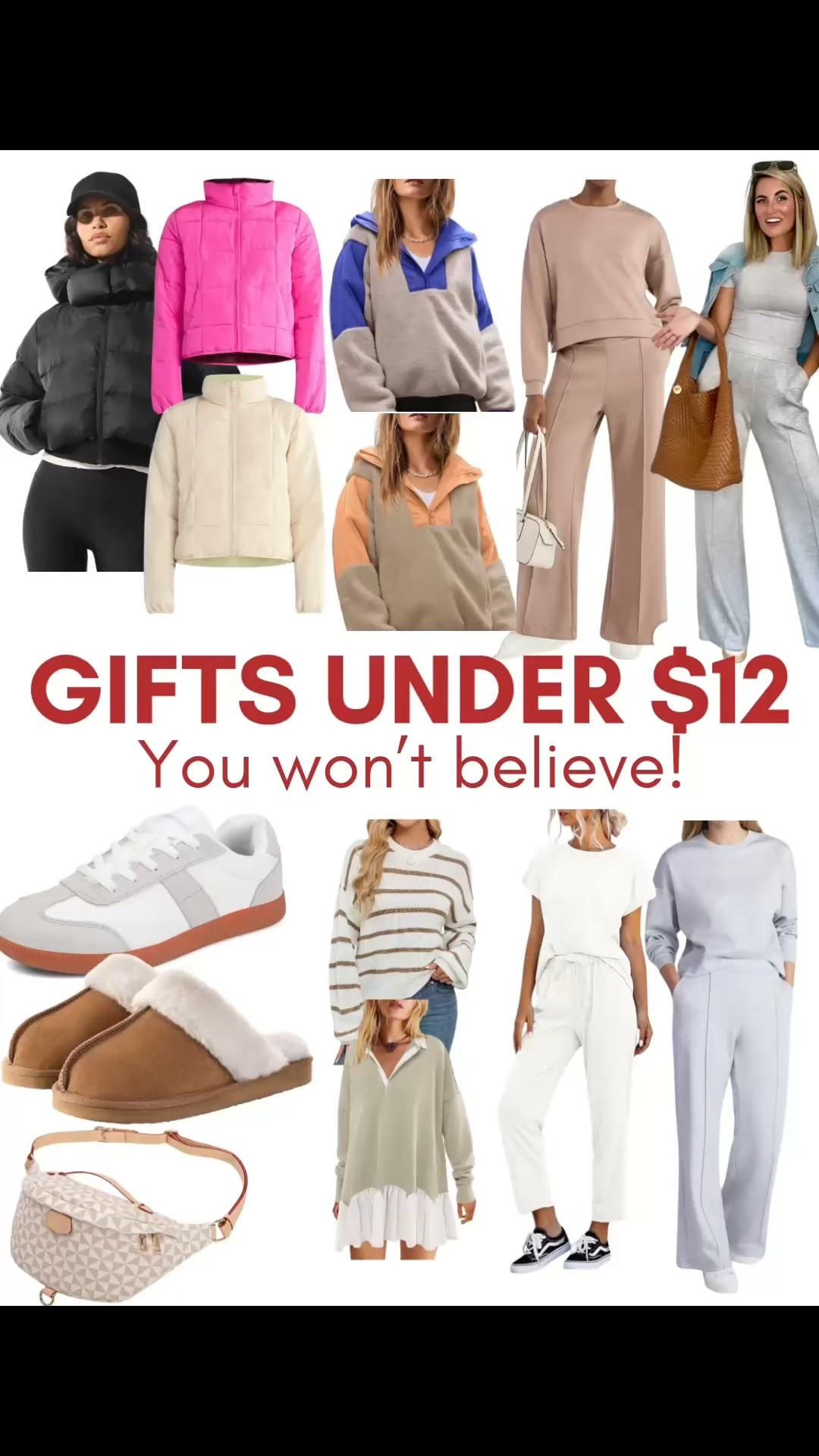 $12 GIFTS🎁 you won’t believe!👌 All my favorite Lulu looks from Amazon, Target & Walmart that I literally wear everyday! 2 PC sets that are CLOUD soft scuba fabric Perfect for winter layering, My favorites free people look pullovers, Sneakers, Ugg slip ons, Sweaters, Dresses, Puffer Coats and more!🤩🤎
.
.
✨SIZING✨Everything is petite friendly I’m 5’2” 125lbs wearing small top/dress and small/4 bottoms 
. Gift guide for her, gifts under $15, gifts under $10, ten dollar gifts, fifteen dollar gifts, favorites party gift, white elephant gifts, gifts for her, gifts for mom, gifts for wife, gifts for teens, chromas gifts under $10
Holiday gifts, holiday  outfit, sweater dress, floral skirt, Amazon floral skirt, Amazon sweater dress, Amazon Thanksgiving outfit m, Fall sweater, Amazon deals, Amazon sweater, Amazon discount code, cable knit sweater, Cotigan, cardigan, tie front sweater, colorblock sweater, sweater with white lines, stripe sweater, black jeans, brown jeans, skort, wrap skort, pattern skort, floral pattern skort, black and white skort, wrap skort
Amazon basic, travel outfit, 3 piece set, capsule wardrobe, travel outfit, comfy outfits, scuba set, look for less, capsule closet, 2 piece set, workwear, Amazon two piece set, sunglasses, striped dress, blue stripe dress, black jumpsuit, beige jumpsuit, travel outfit, loungewear, comfy outfit, casual outfits, work outfit, workwear, two piece set, 2 piece set, Amazon two piece set, Amazon lounge set 

#LTKsalealert #LTKtravel #LTKworkwear#LTKBacktoSchool #LTKFallSale#LTKxPrimeDay#LTKVideo#LTKCyberWeek

#LTKHoliday #LTKGiftGuide #LTKSaleAlert