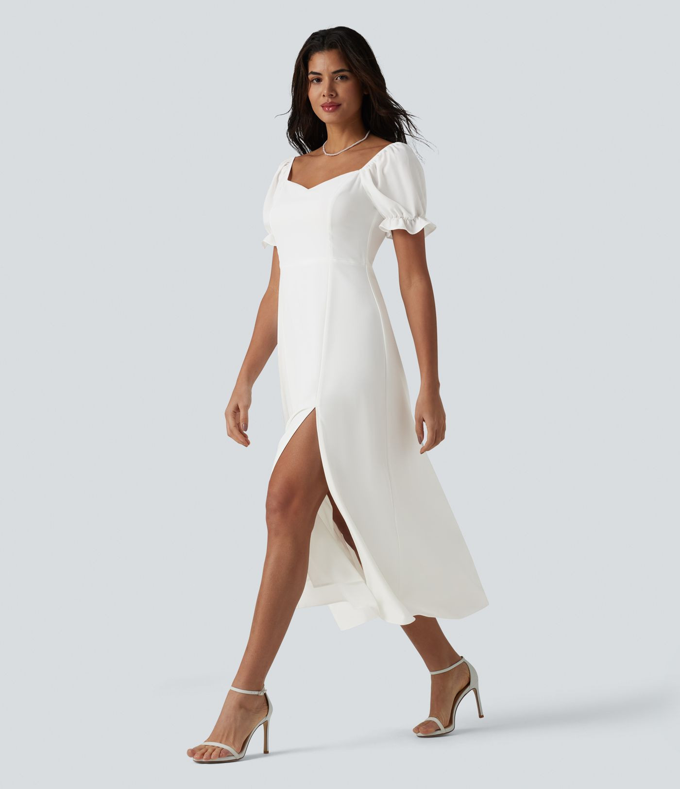 Women’s Queen Anne Neck Puff Sleeve Split Midi Chiffon Bridesmaid And Wedding Guest Dress - Hal... | HALARA