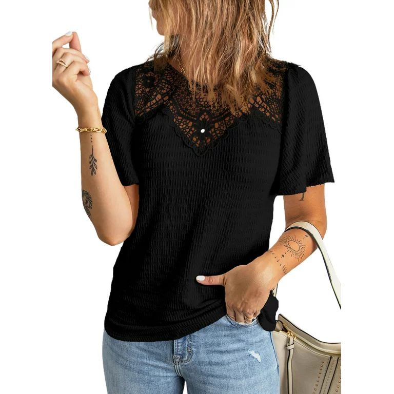 Dokotoo Women's Black Blouses Lace Splice Crew Neck Short Sleeve Elegant Shirt Tops Size Medium U... | Walmart (US)
