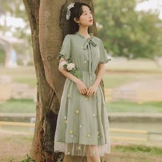 sansweet - Short-Sleeve Frill Trim Tie-Front Floral Embroidered Mesh Overlay Midi A-Line Dress | YesStyle Global