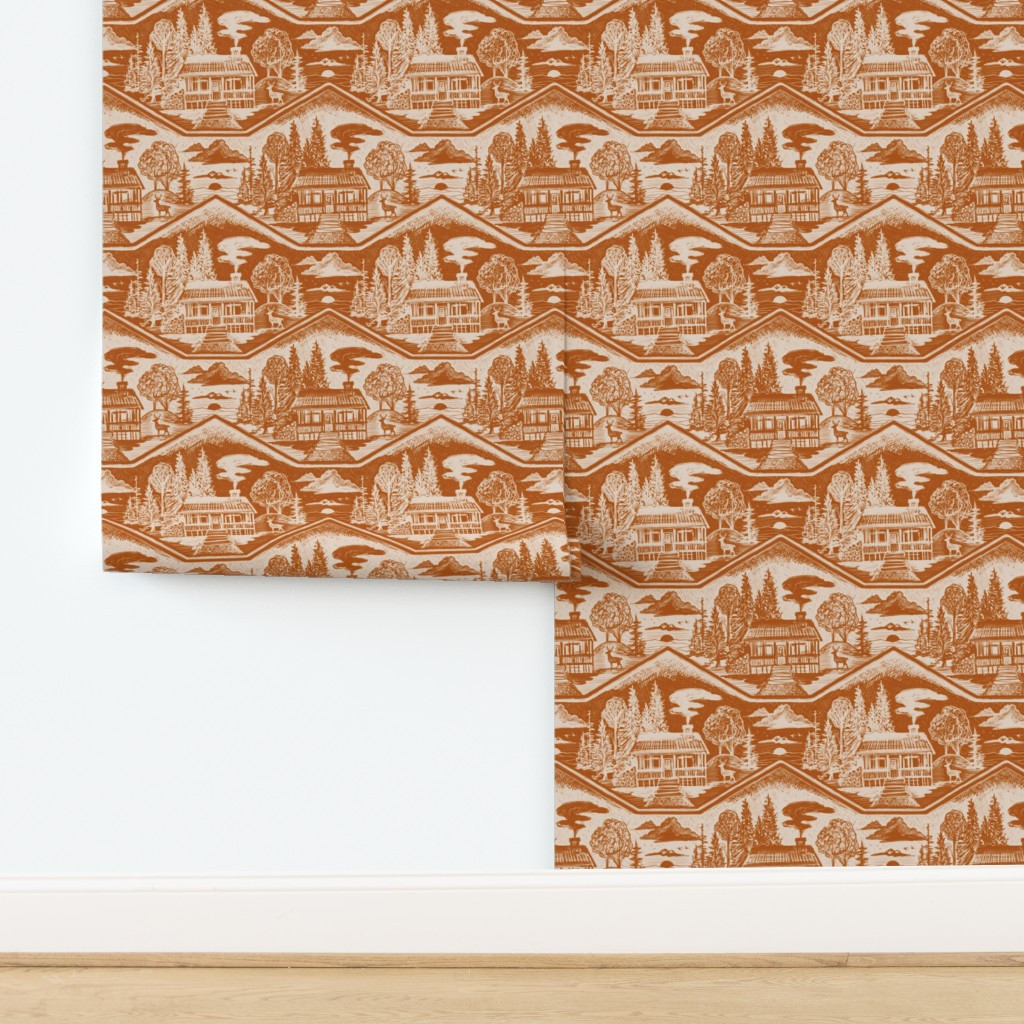 Wallpaper in Cozy Cabin Block Print Burnt Orange & Taupe | Spoonflower