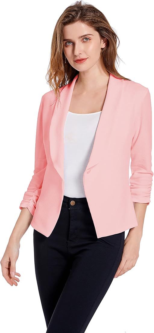 Women's Soft Stretchy Lightweight Cardigan Blazer One Button 3/4 Ruched Sleeve Business Casual Bl... | Amazon (US)