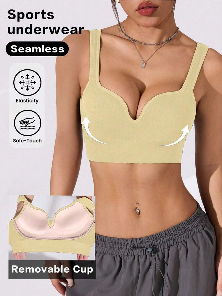 Slayform Sujetador Deportivo Minimalista De Unicolor Y De Tiras Anchas Talla Grande, Con Alto Soporte Para Ropa Deportiva Con Almohadillas Incorporadas, Almohadillas No Extraíbles Para Mujeres Con Alto Soporte, Estilo Espalda De Nadador, Para Hacer Ejercicio, Yoga, Correr | SHEIN