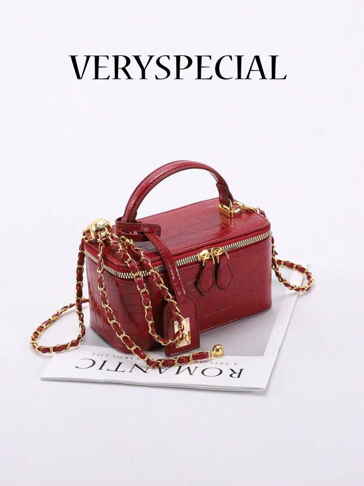 1pc High-Quality Red Crocodile Embossed Zipper Small Square Bag, Fashionable PU Quilted Diamond S... | SHEIN