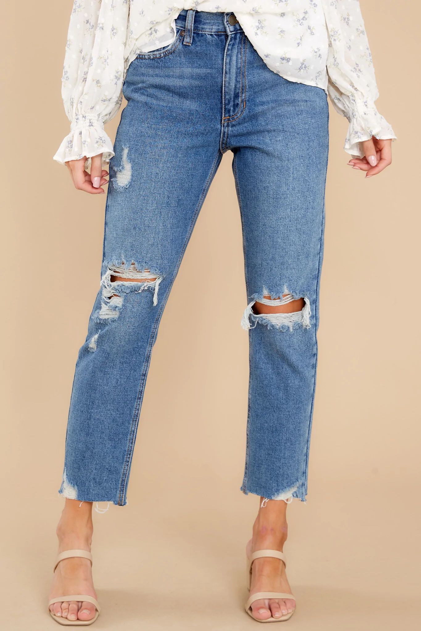 Heard A Rumor Medium Wash Distressed Mom Jeans | Red Dress 