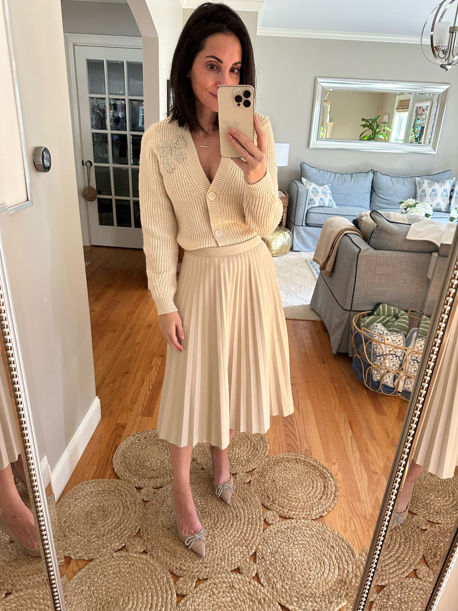 Xxs in sweater and xxs petite in skirt. 
Heels run tts 



#LTKSeasonal #LTKHolidaySale #LTKHoliday