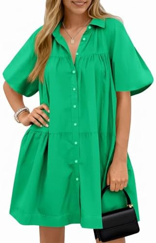 Wenrine Women's Summer Button Down Shirt Dress Floral Puff Short Sleeve Casual Loose Fit Beach Mi... | Amazon (US)