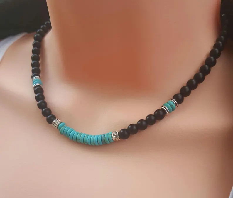 Blue turquoise necklace beaded matte black onyx necklace natural gemstone men's / woman's | Etsy (Global)