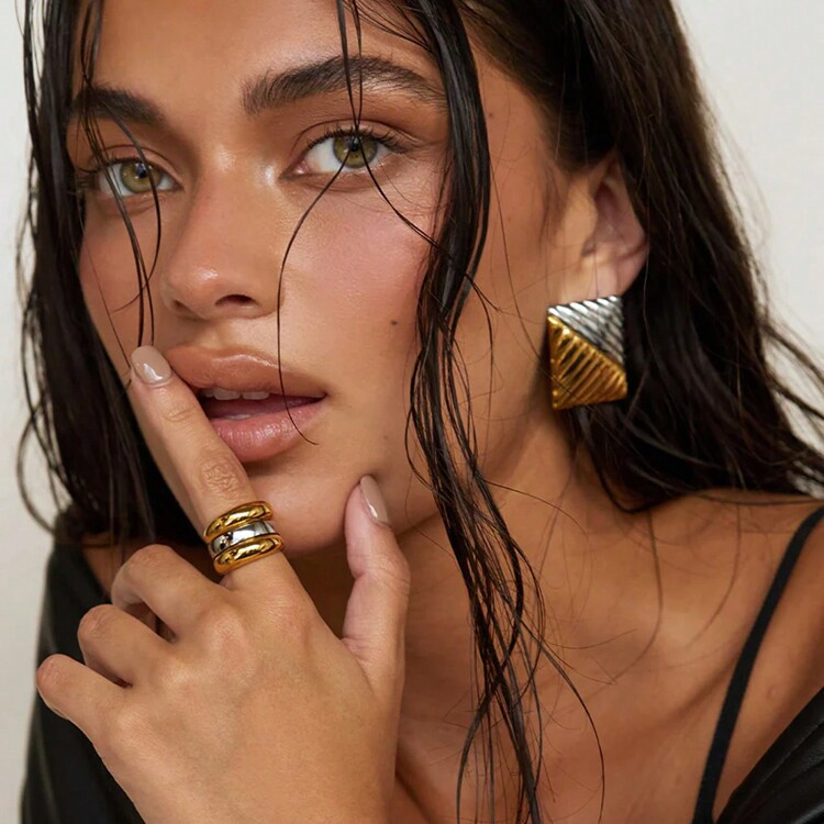 S SHOPBOHO 1Pair Waterproof Everyday Jewelry 18k Pvd Plated Stainless Steel Oval Shaped Spiral Te... | SHEIN