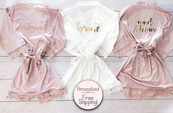 Satin Robe with Lace Sleeves & Trim | Personalized Bridesmaid Robes |  Wedding Party Kimono | Mai... | Etsy (US)