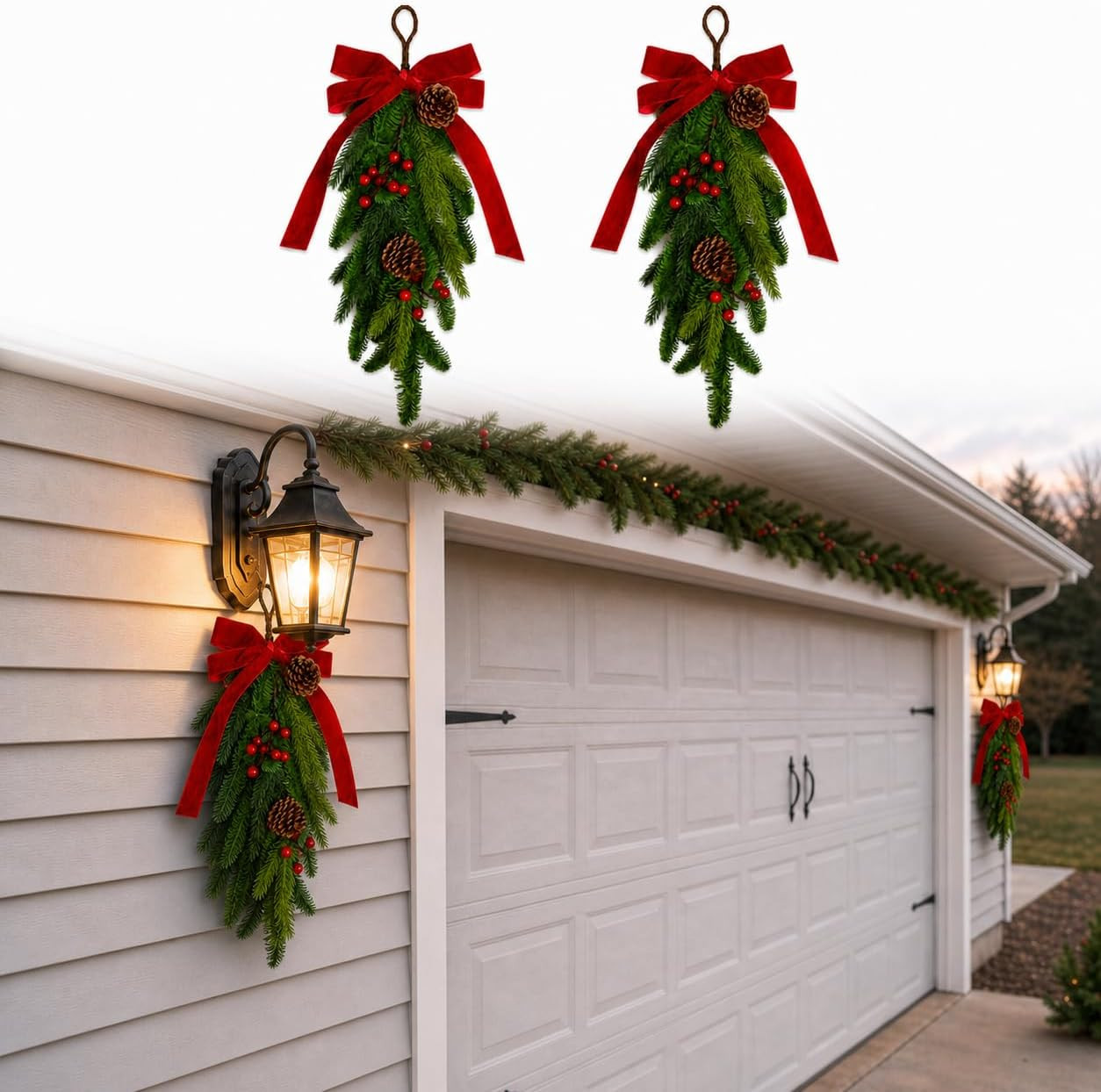 2PCS Christmas Teardrop Swag for Garage Lights with Bow, 20 Inch Artificial Holiday Swags, Outdoor Indoor Christmas Hanging Decor for Front Door, Porch, Yard (Teardrop) | Amazon (US)