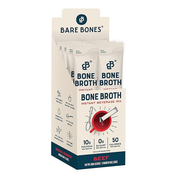 Bare Bones Bone Broth Instant Powdered Beverage Mix, Beef, Pack of 8, 15g Sticks, 10g Protein, Ke... | Amazon (US)