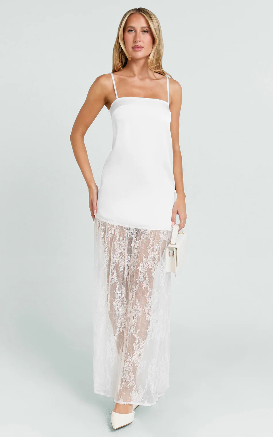 Loren Maxi Dress - Square Neck Contrast Skirt Dress in White | Showpo (ANZ)