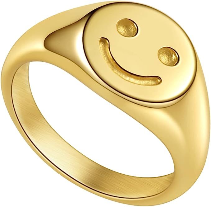 Gold Smile|Frown Face/North Star Ring Solid Stainless Steel Simple Signet Band Ring Everyday Jewe... | Amazon (US)