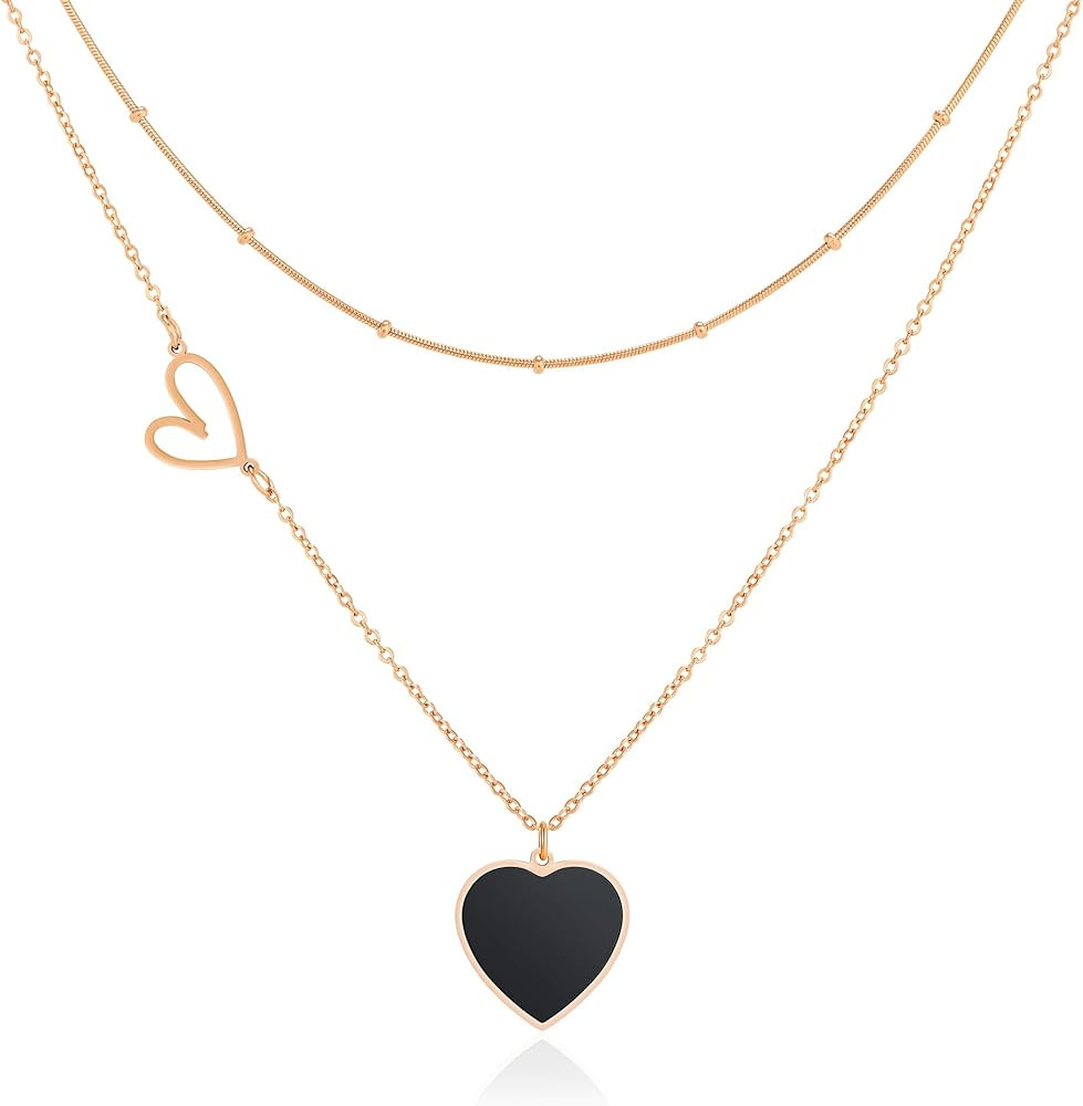Linawe Layered Choker Heart Pendant Necklace for Women Trendy, Gold/Silver/Rose Gold Chain Stainl... | Amazon (US)