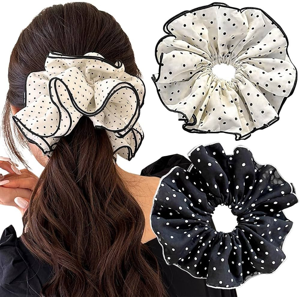 2 PCS Black White Polka Dot Scrunchie Sweet Large Scrunchies for Women Big Hair Scrunchies French... | Amazon (US)