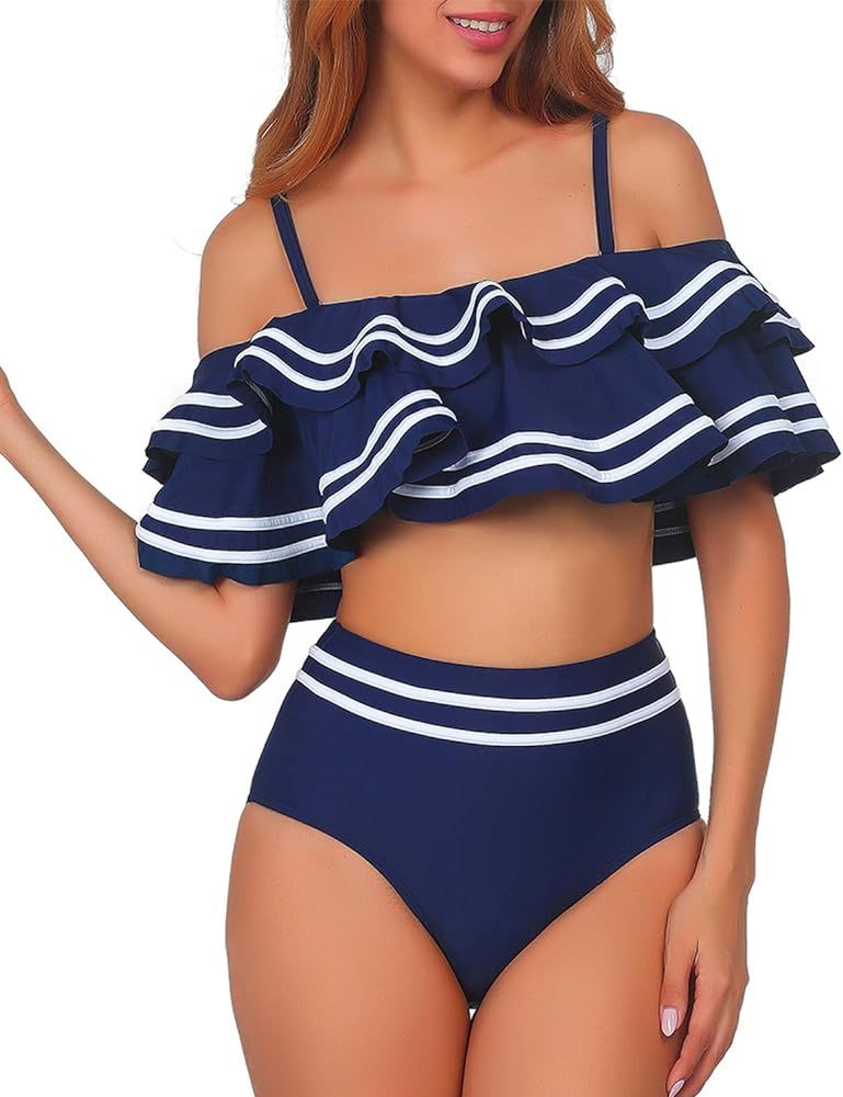 Women 2 Piece Vintage Navy Ruched Flounce Off Shoulder Crop Top with High Waist Bottom Bikini Set... | Amazon (US)