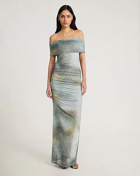 Printed Off The Shoulder Ruched Maxi Dress | Express