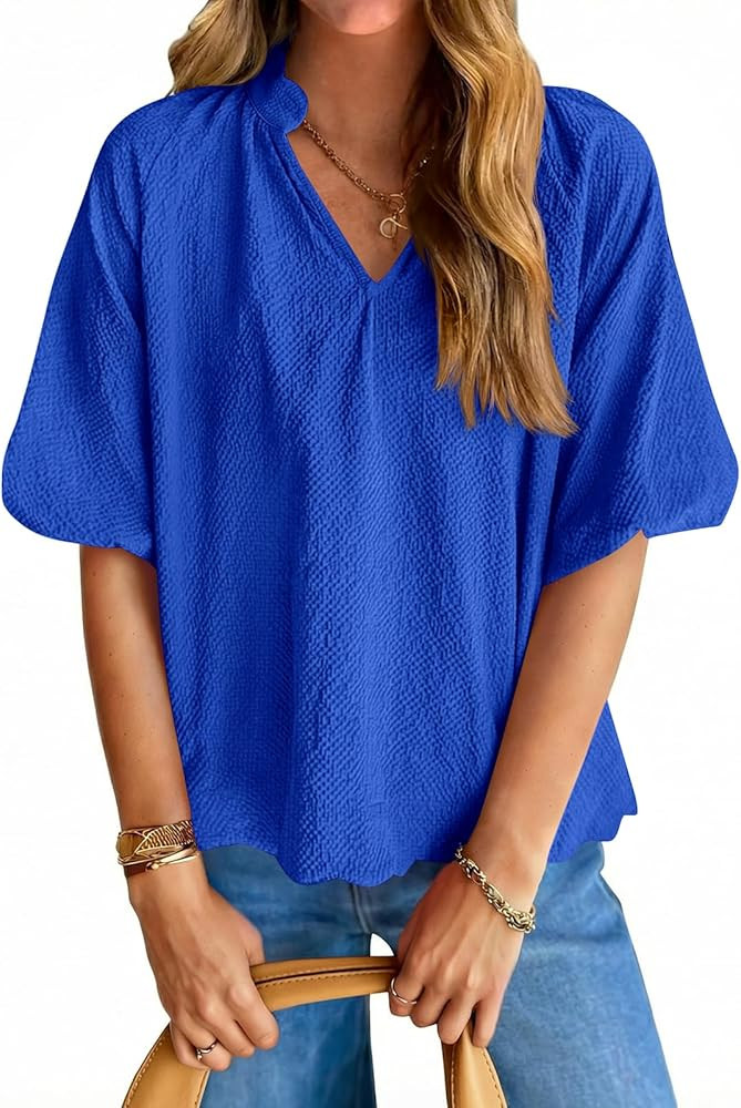 Tankaneo Womens V Neck Puff Sleeve Tops Oversized Textured Blouses Dressy Casual Summer Loose Fit... | Amazon (US)