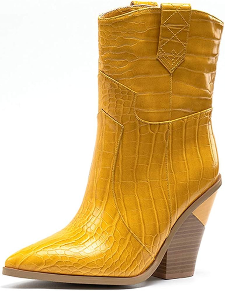 Women's Ankle Boots Crocodile Print Embossed Pointed Toe Thick Chunk Block High Heels Shoes Weste... | Amazon (US)