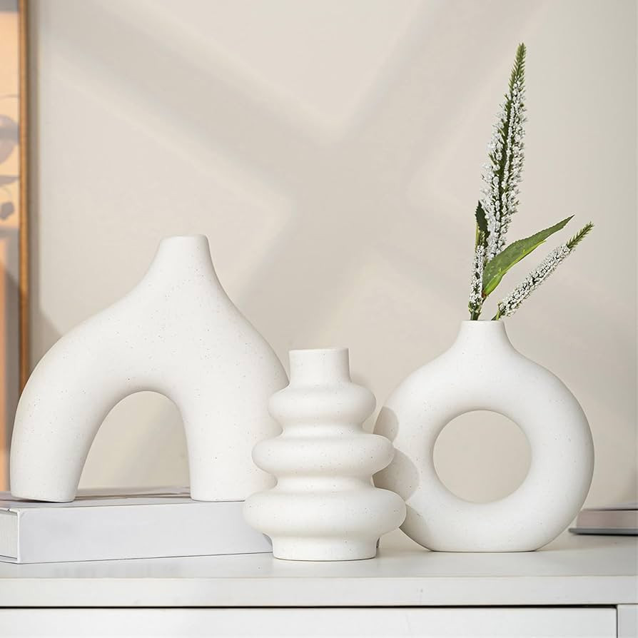 White Ceramic Vases Set of 3, Minimalist Nordic Modern Style, Round Donut Vase for Dried Flowers,... | Amazon (US)