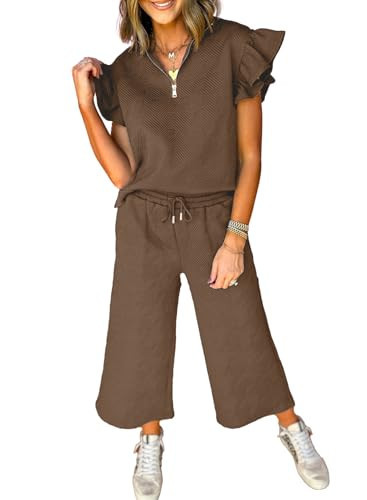 SHEWIN Two 2 Piece Sets for Women Casual Short Sleeve Tops Quarter Zip Pullover Loose Lounge Set Tracksuit Sweatsuit Drawstring Pants Spring Clothes for Women 2026,Brown,L | Amazon (US)