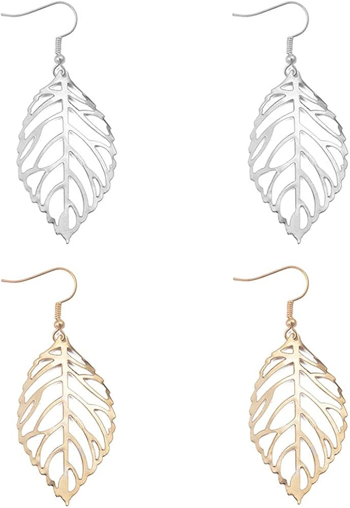 2 Pairs Elegant Simulation Hollow Gold Silver Leaf Dangle Drop Earrings Bohemian Vintage Minimali... | Amazon (US)