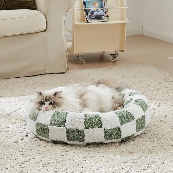 Checkered Cat Dog Bed, Cute Sage Green Retro Style Aesthetic Round Warming Pet Calming Beds for S... | Amazon (US)