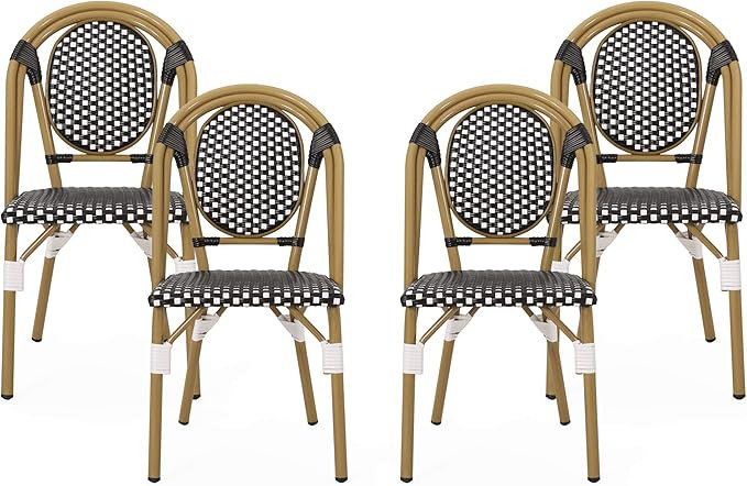 Christopher Knight Home Gwendolyn Outdoor French Bistro Chairs (Set of 4), Black + White + Bamboo... | Amazon (US)