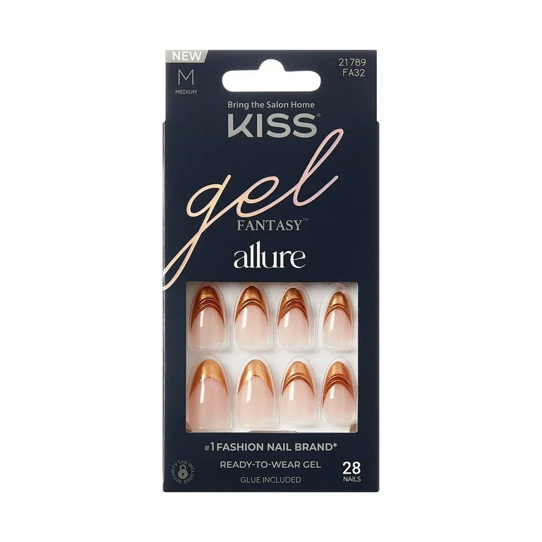 KISS Gel Fantasy Allure Press On Nails Almond, ‘Golden Trace’, Beige, Medium, 28 Count | Walmart (US)
