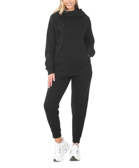 Black Asymmetrical Cowl Neck Hoodie & Joggers - Women | Zulily
