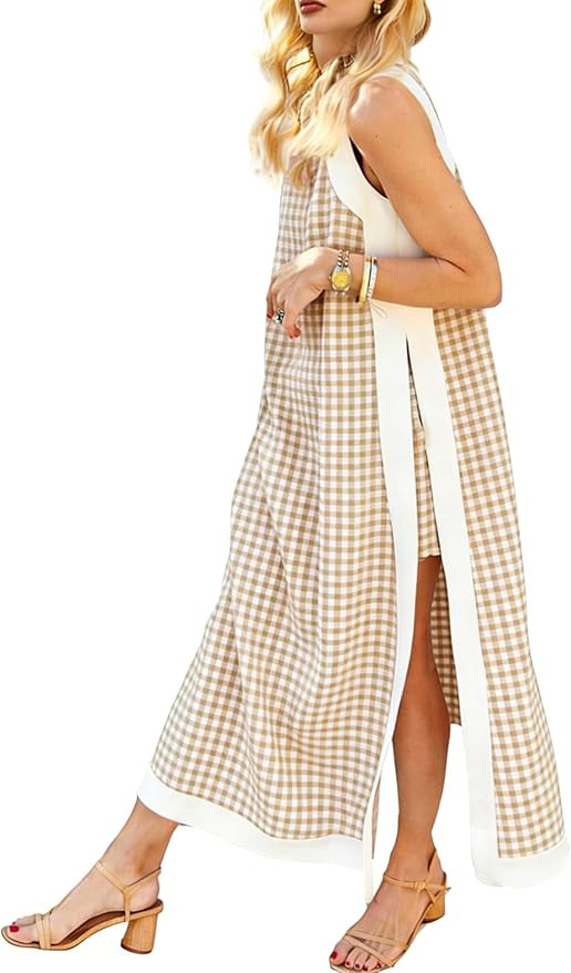 Bankeng Women's 2 Piece Sets Casual Boho Crewneck Color Block Sleeveless Plaid Maxi Dress Matchin... | Amazon (US)