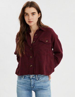 AE Plaid Cropped Button Up Shirt | American Eagle Outfitters (US & CA)