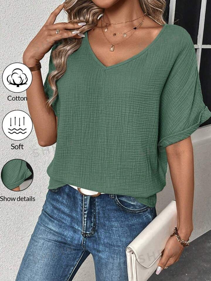 SHEIN LUNE Solid Color Textured V-Neck Short Sleeve Shirt | SHEIN