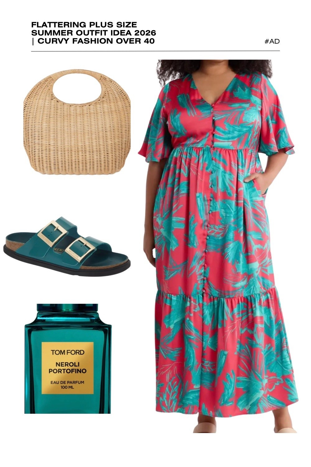 Ready for your next getaway? This vibrant teal and pink plus size summer outfit idea for 2026 is the ultimate vacation look! This flattering palm print maxi dress is perfect for curvy fashion over 40, featuring a classic V-neckline, flutter sleeves, and a button-down front with a cinched empire waist. The tiered skirt and breathable fabric make it an ideal summer cruise dress or resort wear essential.
We’ve styled this bold tropical dress with a crescent wicker bag for a touch of natural texture and paired it with teal double-strap buckle sandals to highlight the rich tones in the print. The ensemble is perfectly finished with the Mediterranean-inspired scent of Tom Ford Neroli Portofino. Discover how to style high-contrast tropical prints for an elevated curvy look. #PlusSizeFashion #PalmPrintDress #SummerOutfits2026 #ResortWear #CurvyStyle #TomFordNeroliPortofino #DopamineDressing

