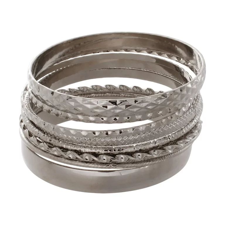 Time and Tru Women's Silver Tone Bangle Bracelet Set, 10-Piece | Walmart (US)