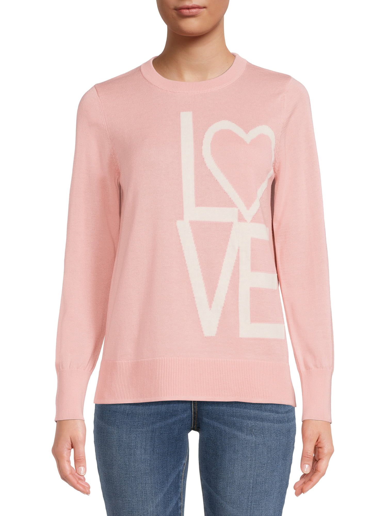 Time and Tru Women's Pink Love Sweater - Walmart.com | Walmart (US)