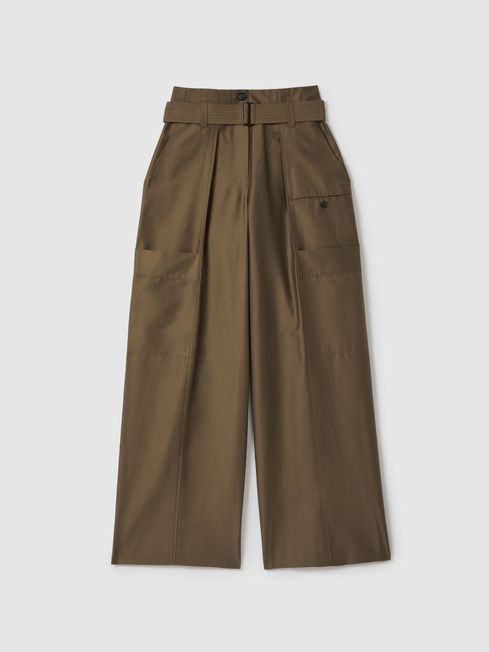 Reiss Khaki Maria Wide Leg Paper Bag Trousers | Reiss UK