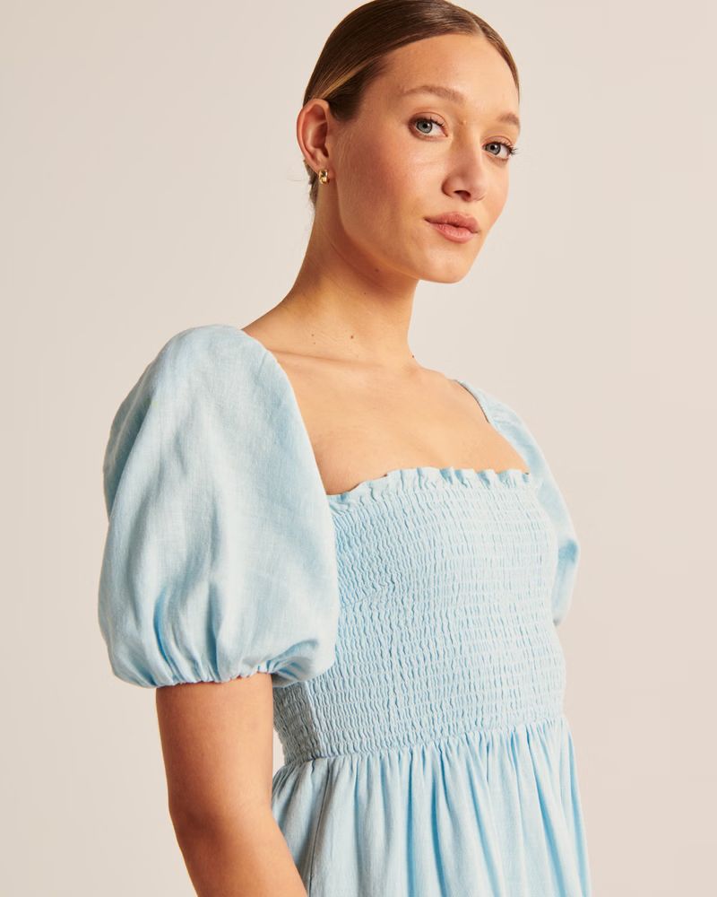 Smocked Bodice Linen-Blend Midi Dress | Abercrombie & Fitch (US)