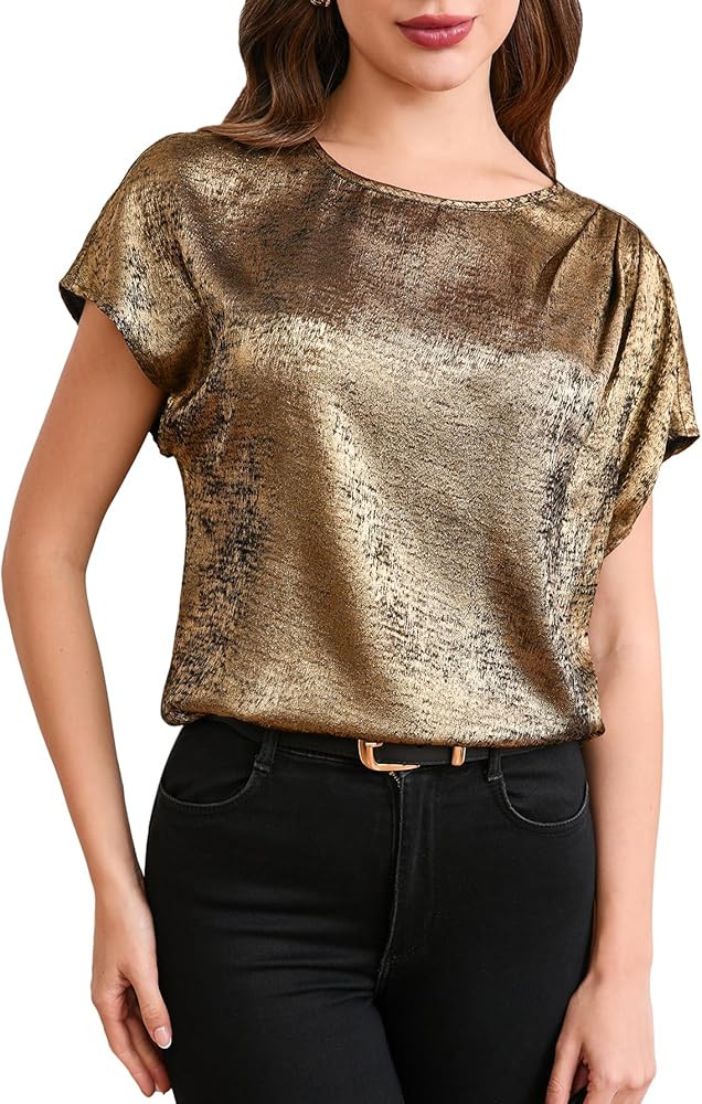 MakeMeChic Women's Elegant Metallic Tops Short Sleeve Round Neck Blouses | Amazon (US)