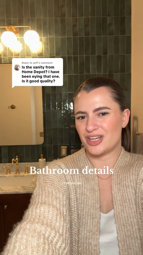 Walking you through the details of our bathroom renovation! The green tile accent wall and the vanity are definitely the pieces that bring the impact. I also love the Claudette fixtures from Anthro!

#LTKFindsUnder100 #LTKHome