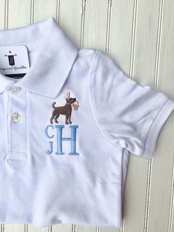 Easter Little Boy Toddler Polo Outfit Bunny Lab Puppy Easter Egg White Monogrammed Custom Embroid... | Etsy (US)