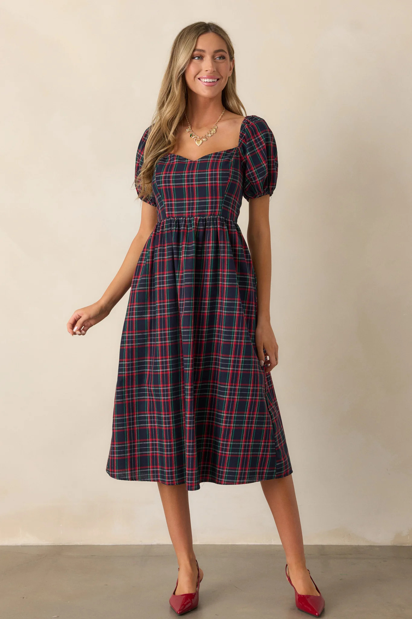 Always You 100% Cotton Navy Plaid Puff Sleeve Midi Dress | Red Dress