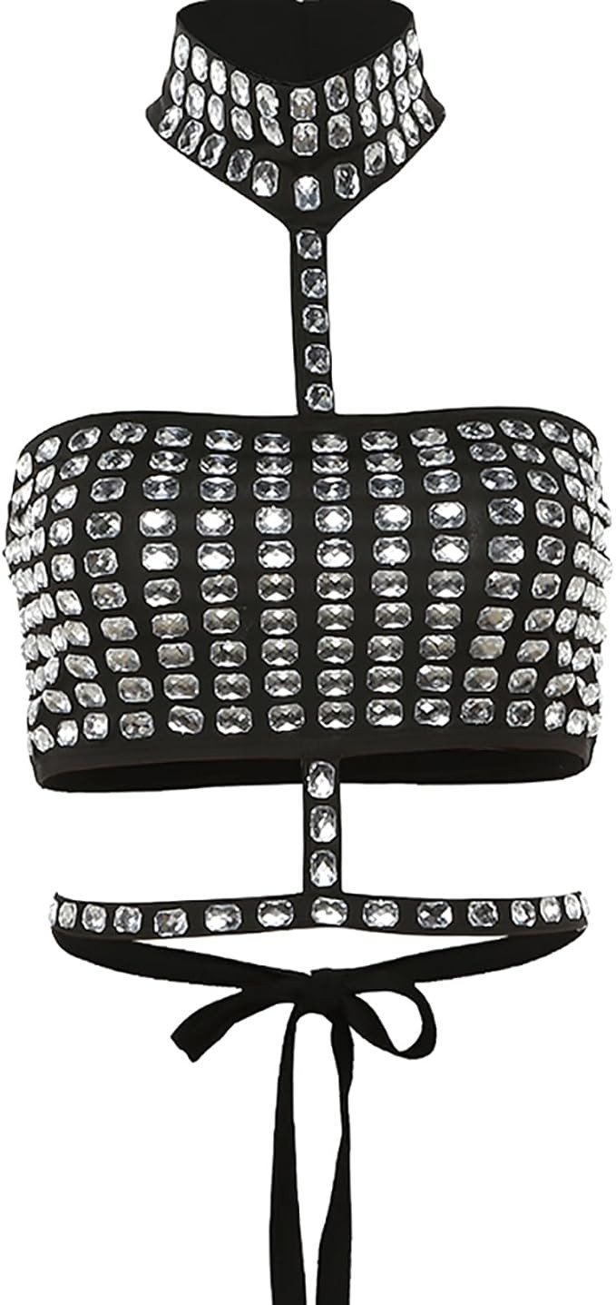 Womens Crop Tank Tops Cute Rhinestone Backless Tops Going Out Outfits Y2k Summer Halter Tube Top | Amazon (US)