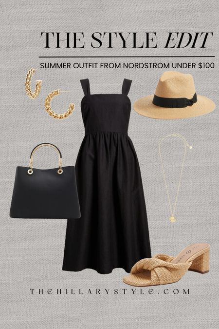 The Style Edit: summer outfit from Nordstrom with pieces under $100. Black sundress, black dress, summer dress, LBD, raffia sandals, twist heel sandals, sun hat, black tote, tote bag, twisted gold hoops, sunburst gold necklace. Summer outfit, summer dress outfit, casual outfit, vacation outfit, resort outfit, black dress outfit, OOTD.

#LTKFindsUnder100 #LTKStyleTip #LTKSeasonal